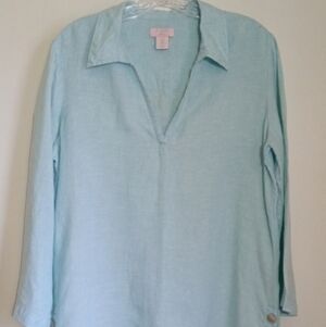 St Tropez West aqua blue collared vneck linen top women's size small